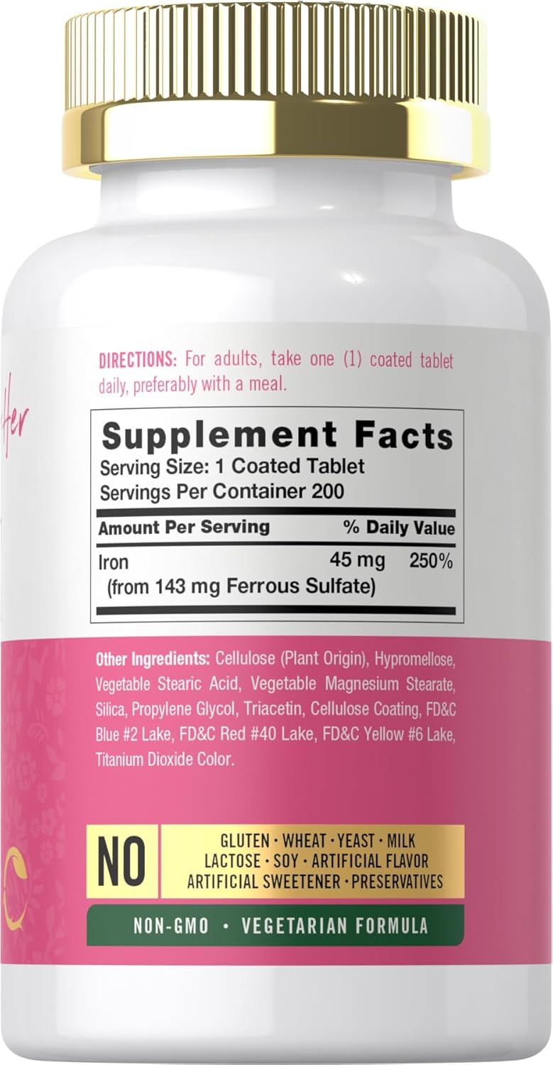 CARLYLE Iron Supplement for Women 45mg | 200 Tablets | Vegetarian, Non-GMO, Gluten Free, Slow Release Pills