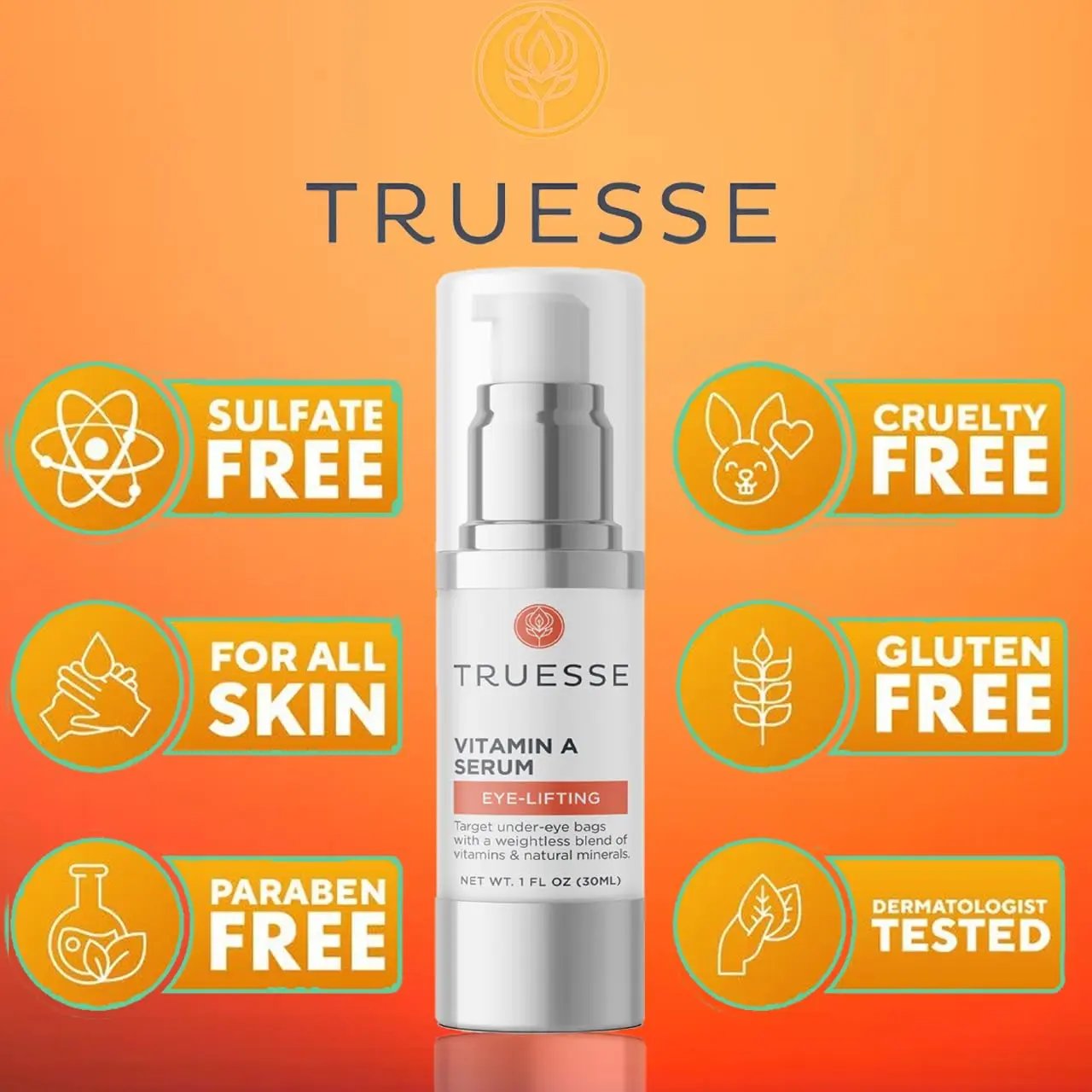 TRUESSE Ayurvedic Vitamin A Serum – Natural Retinol for Firm Bright Skin - Reduces Under Eye Bags – Hyaluronic Acid for Hydration Truesse