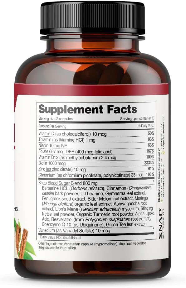 Snap Supplements Blood Sugar Blend, Berberine Supplement with Cinnamon, Organic Turmeric, Alpha Lipoic Acid, Zinc & Other Natural Herbs & Vitamins Non-GMO, 60 Capsules