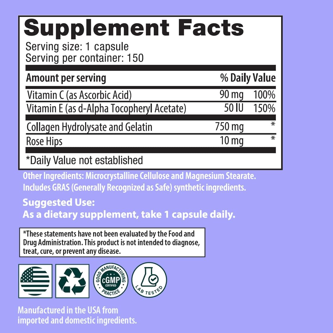 Sanar Naturals Collagen Pills with Vitamin C, Vitamin E - Hydrolyzed Collagen for Women and Men, Collagen Peptides Supplement, 150 Capsules