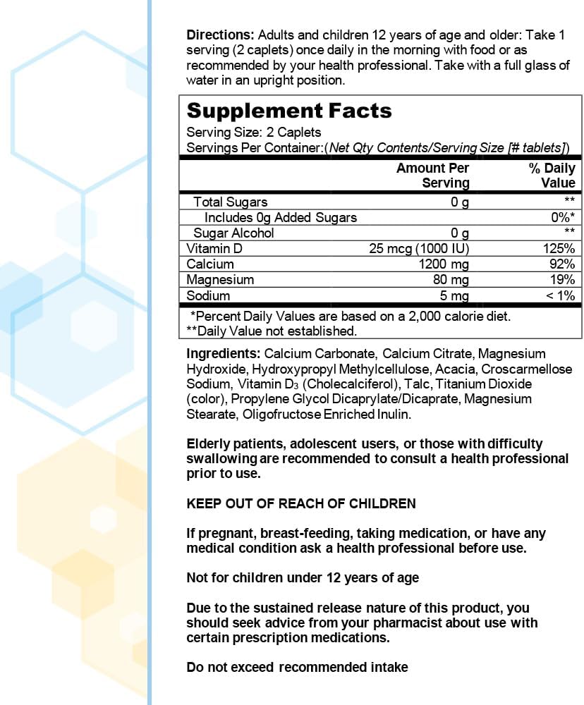 Citracal, Slow Release 1200, 1200 mg Calcium Citrate and Calcium Carbonate Blend with 1000 IU Vitamin D3, Bone Health Supplement for Adults, Once Daily Caplets, 185 Count