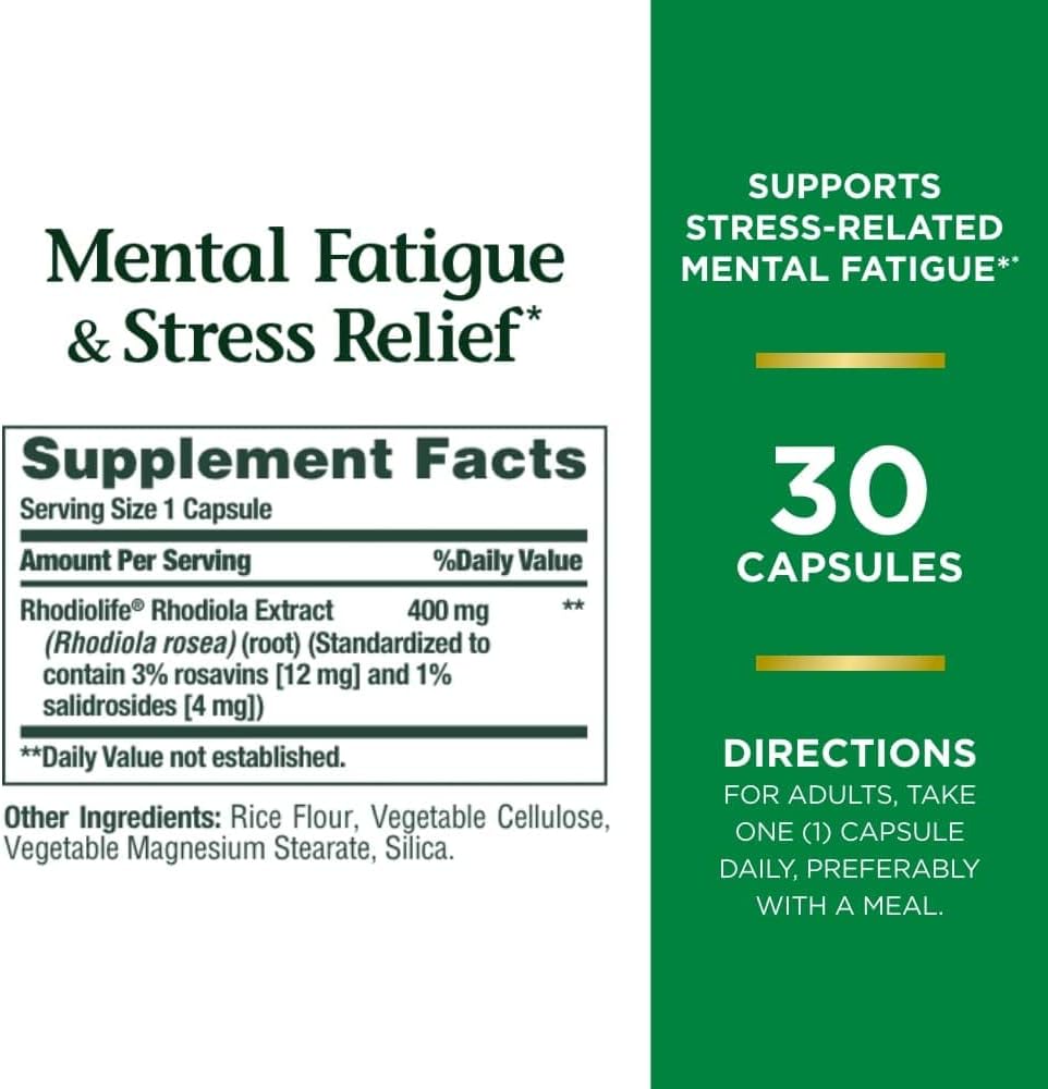 Nature's Bounty Mental Fatigue and Stress Relief, Rhodiola Supplement, 400 mg, Capsules, 30 Count