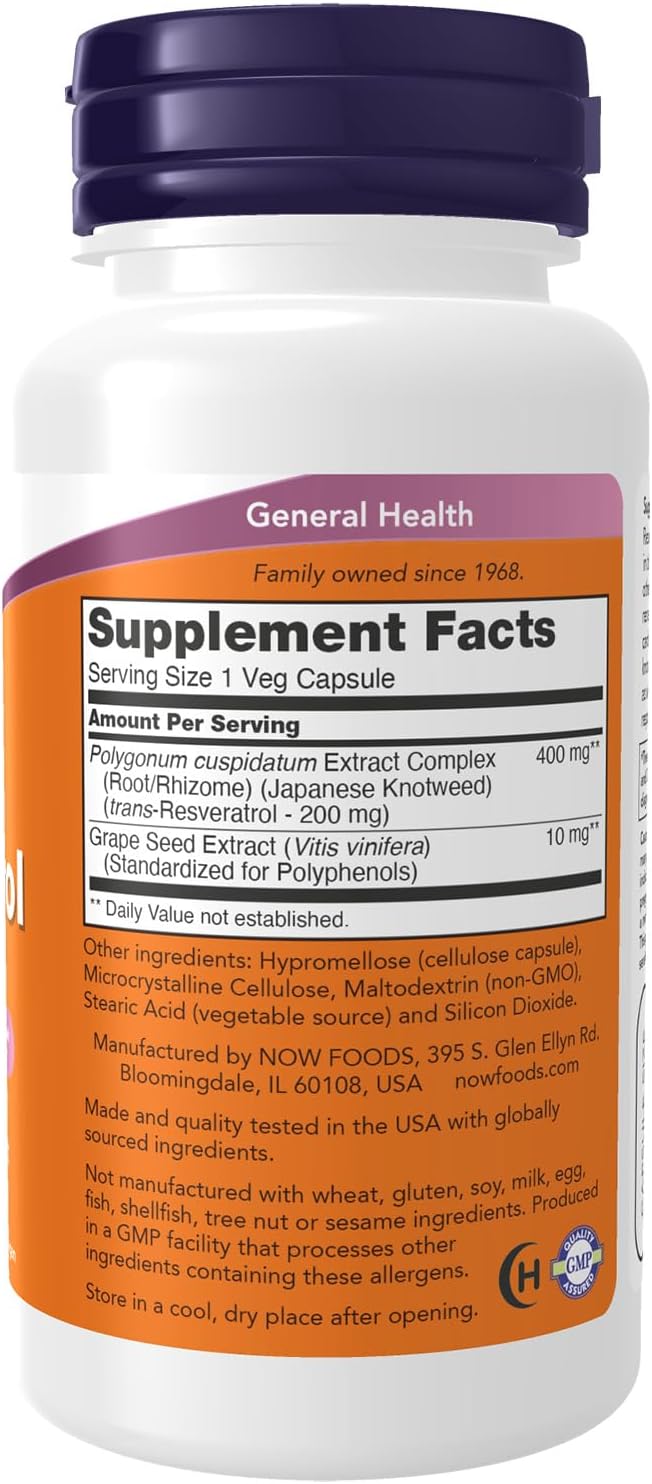 NOW Supplements, Natural Resveratrol 200 mg with Red Wine Extract, 60 Veg Capsules (Pack of 2)