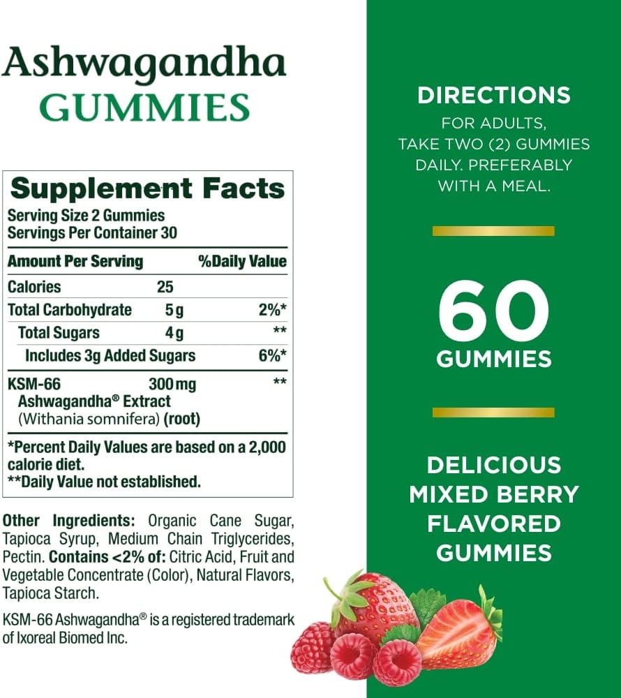 Nature's Bounty Ashwagandha Gummies, 300mg KSM-66 Ashwagandha Extract, Mixed Berry, 60 Gummies