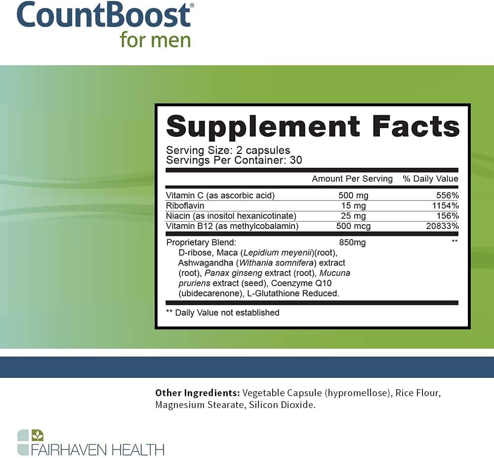 Fairhaven: CountBoost for Men - Male Fertility Supplement to Support Count - with Ashwagandha, Maca, Glutathione, B Vitamins - FertilAid for Men Companion Product (60 Capsules / 1 Month Supply)