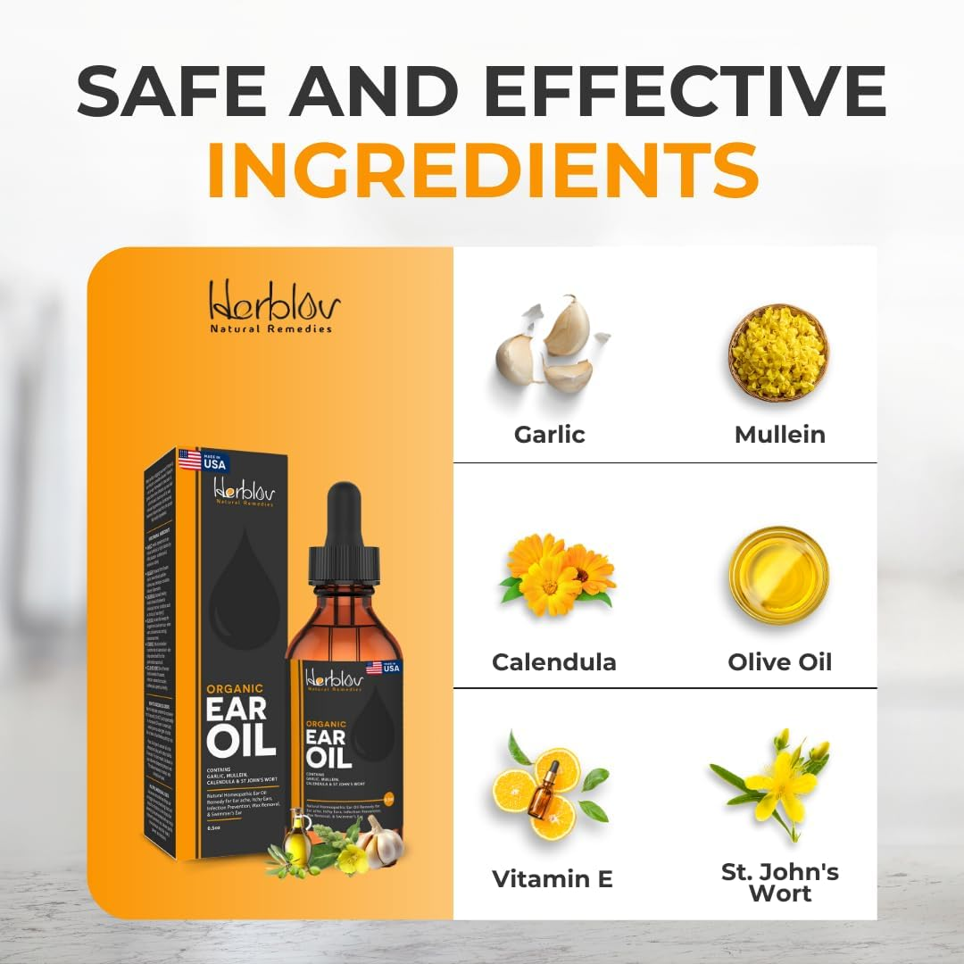 Organic Ear Oil for Ear Infections - Natural Eardrops for Infection Prevention, Swimmer's Ear & Wax Removal - Kids, Adults, Baby, Dog Earache Remedy - with Mullein, Garlic, Calendula, Made in USA