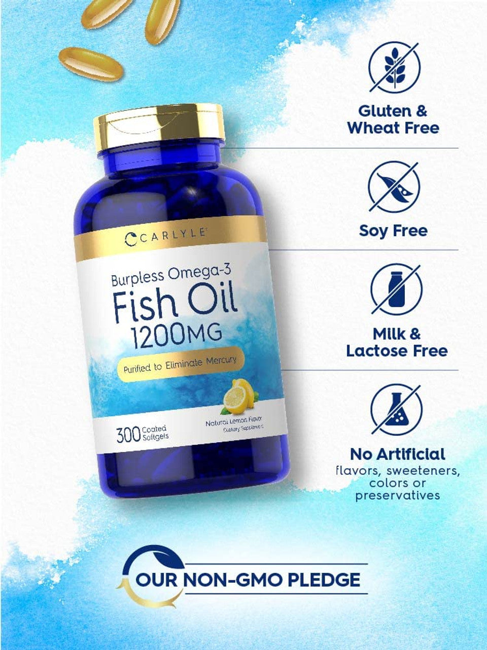 Burpless Fish Oil 1200 mg | 300 Softgels | with 360 mg Omega-3 Fatty Acids | Natural Lemon Flavor | Non-GMO, Gluten Free Supplement