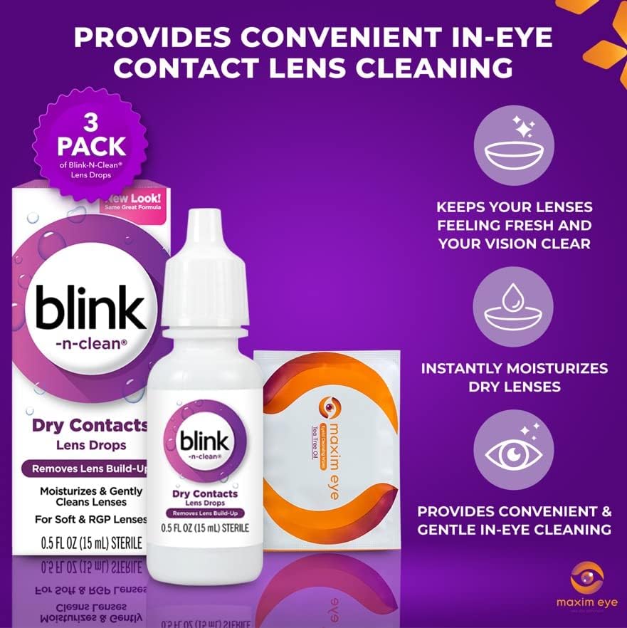 Blink-N-Clean Lens Drops, Blink Eye Drops for Contact Lenses, 15 ml Cleans & Moisturizes for Soft & RGP Lens Wearers, Bundled with 1 Tea Tree Oil Eyelid/Eyelash Wipe