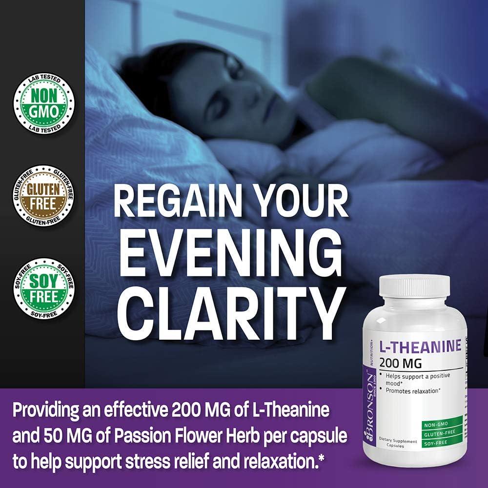 Bronson L-Theanine 200mg (Double-Strength) with Passion Flower Herb, 120 Capsules
