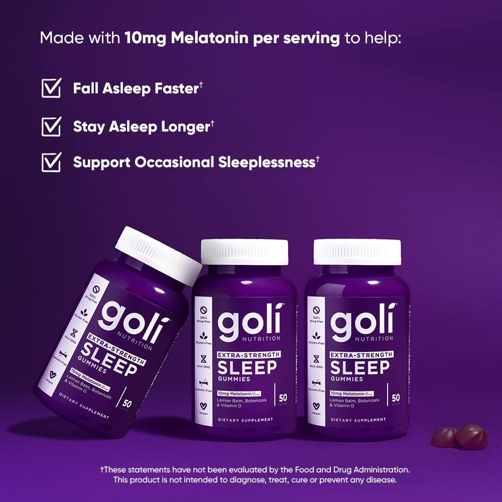 Goli Extra Strength Sleep Gummies 10mg Melatonin - 1 Pack 50 Count - Gluten-Free, Vegan, Non-GMO, and Gelatin-Free. Made with Lemon Balm, Botanicals, Vitamin D and 10mg Melatonin per Serving