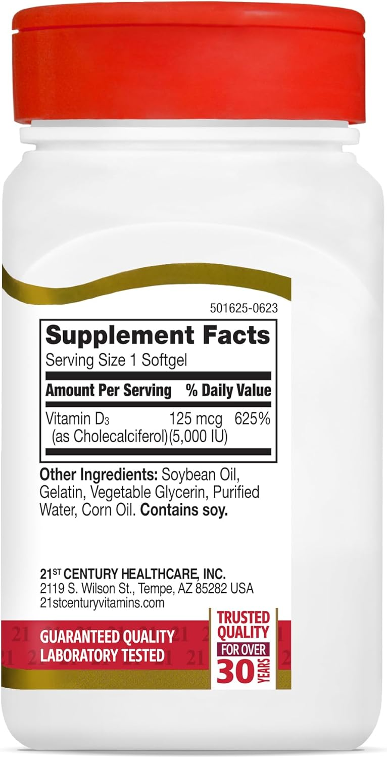21st Century Healthcare Vitamin D3 125 mcg (5,000 IU) Rapid Release Softgels, 110 Count 21st Century