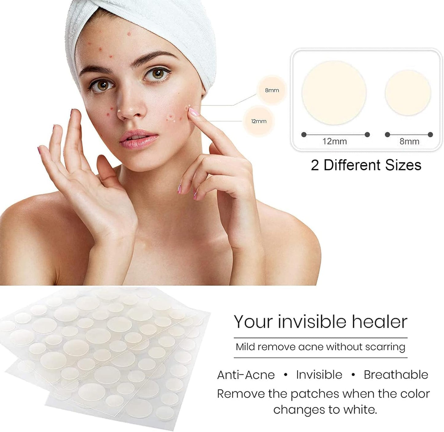 Rpanle Acne Patches, 180pcs Invisible Hydrocolloid Absorbing Pimple Patches, Acne Stickers Two Sizes, Blends in with Skin