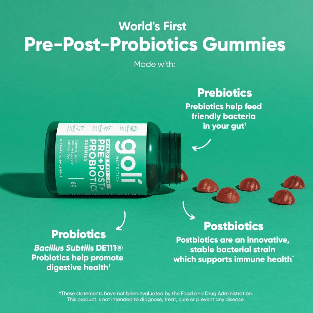 Goli Pre + Post + Probiotics Gummies - 60 Count - World’s First 3-in-1 Gluten-Free, Vegan, Non-GMO, and Gelatin-Free.