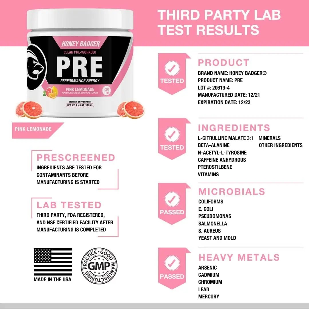 Honey Badger Pre Workout Powder, Keto Vegan Preworkout for Men & Women with Vitamin C for Immune Support, Beta Alanine & Caffeine, Sugar Free Natural Energy Supplement, Pink Lemonade, 30 Servings Honey Badger