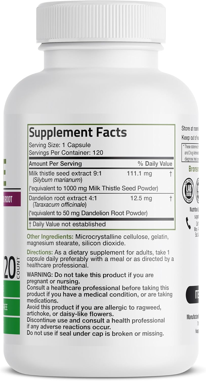Bronson Milk Thistle 1000mg Silymarin Marianum & Dandelion Root Liver Health Support 120 Capsules
