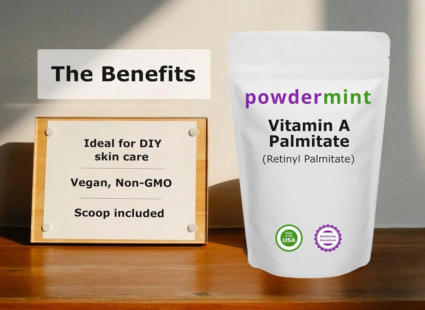 Powder Mint Vitamin A Powder (Palmitate Powder, Retinyl Palmitate Powder, Retinol Powder) 15000 IU (Multiple Sizes) Non-GMO, Vegan, Wrinkle Reduction, Skin Health - Scoop Included (250 Grams) Powdermint