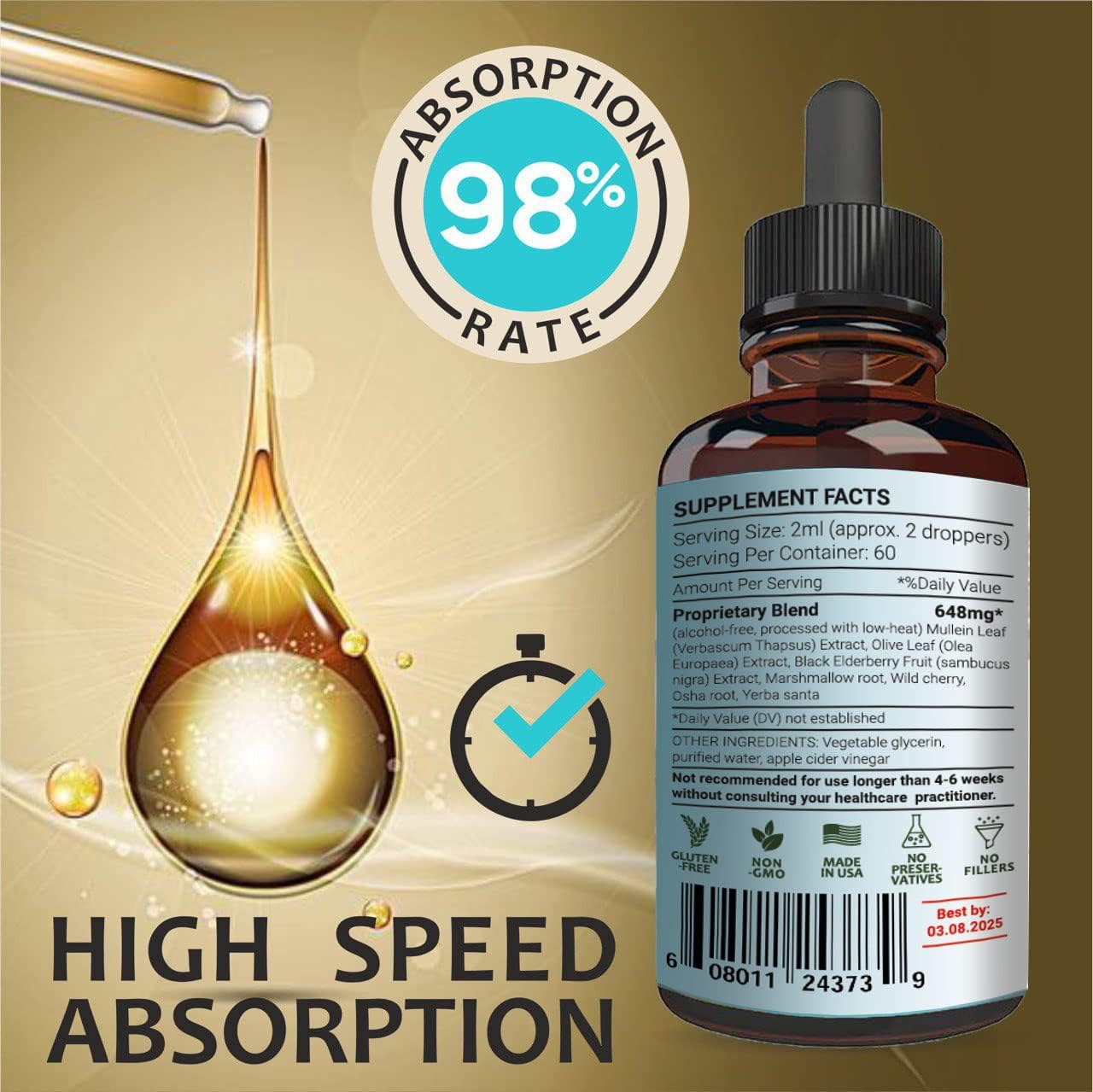 LUNG DEFENSE Herbal Extract - 8 in 1 Blend (Mullein, Marshmallow, OSHA, Wild Cherry, Elderberry, Yerba Santa, Olive Leaf, ACV) Lung Cleanse - Respiratory & Immune System support
