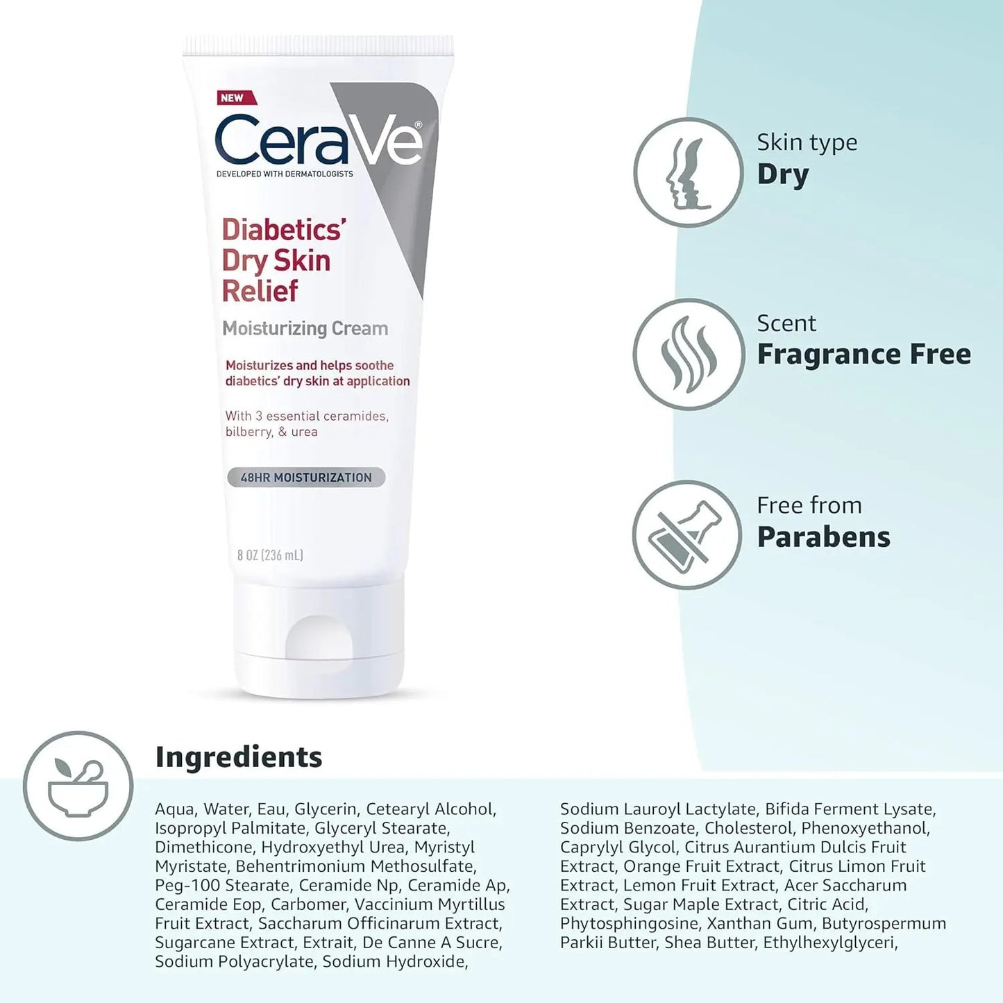 CeraVe Moisturizing Cream for Diabetics’ Dry Skin | Urea Cream with Bilberry for Face and Body | Fragrance Free & Paraben Free | 8 Ounce Vitamins Depots