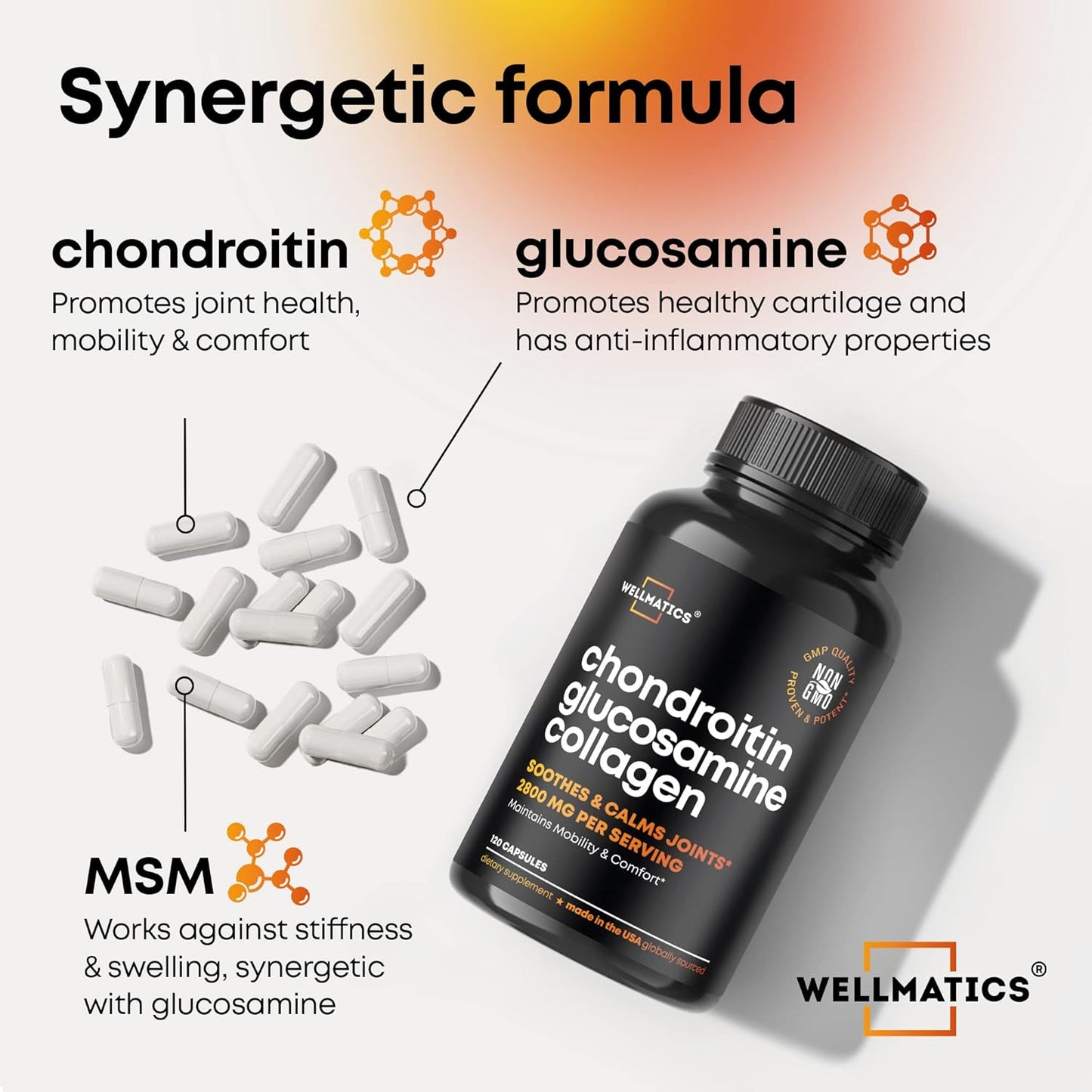 WELLMATICS Glucosamine Chondroitin with MSM & Collagen - Made in USA - Natural Joint Support Supplement - Triple Action for Joint Health - Joint Discomfort Relief for Back, Knees, Hands - 120 Capsules
