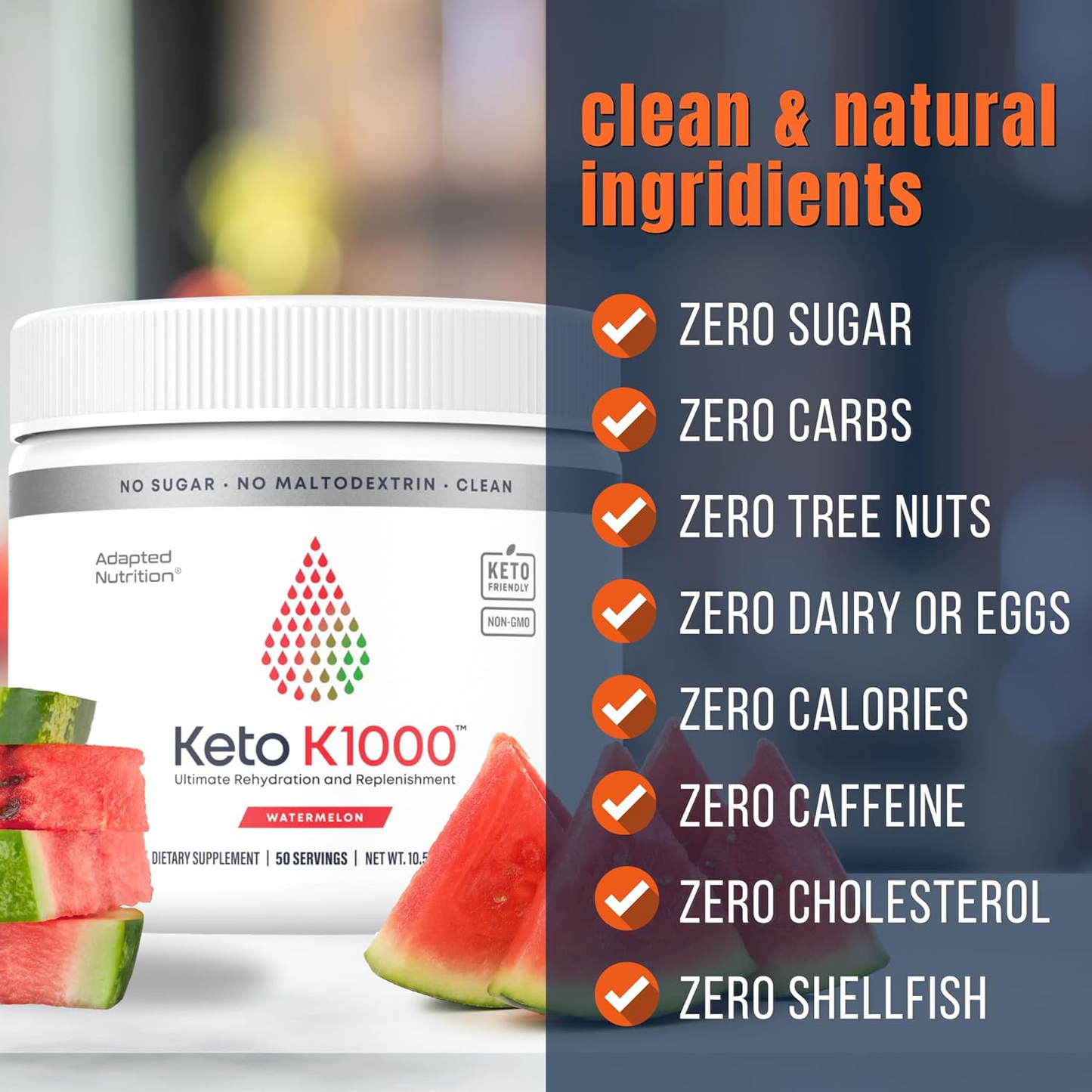 Keto K1000 Electrolyte Powder | Hydration Supplement Drink Mix | Boost Energy & Beat Leg Cramps | No Maltodextrin or Sugar | Watermelon, Lighter Stevia Taste | 50 Servings