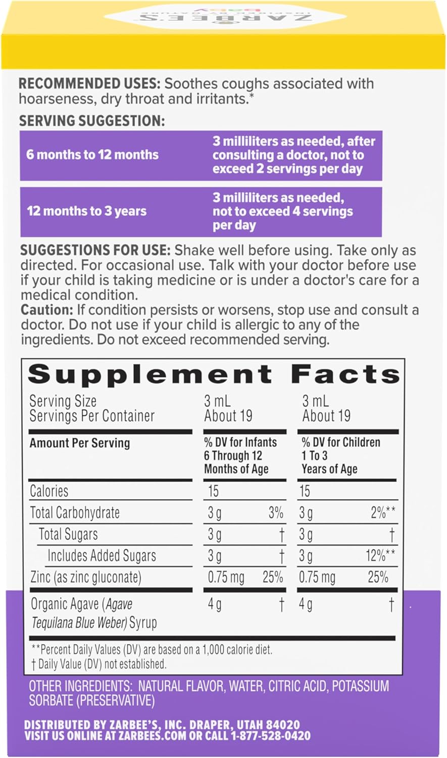 Zarbee's Baby Cough Syrup + Immune with Organic Agave & Zinc, Natural Grape Flavor, 2 fl oz Zarbee