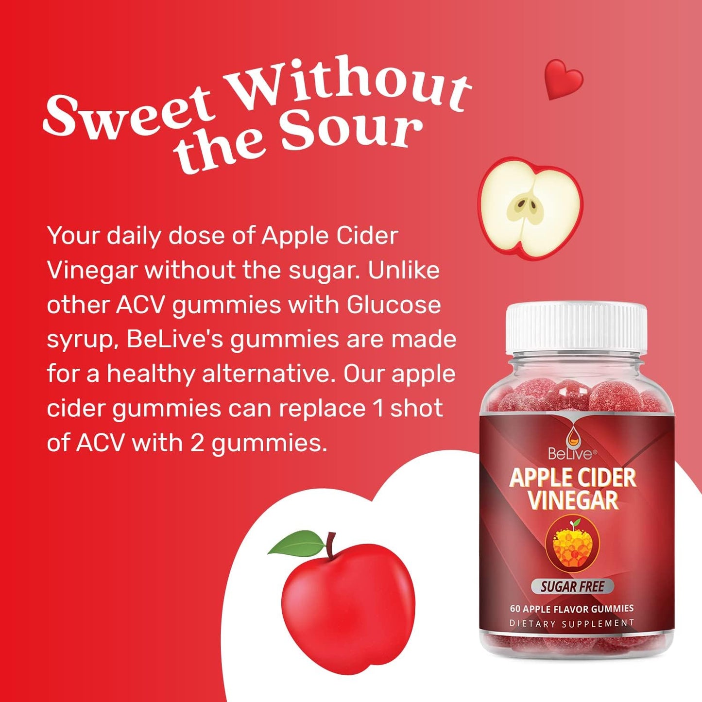 BeLive Apple Cider Vinegar Gummies - AVC Gummies Without Sugar I Detox, Cleanse & Support Digestive Health, Tasty Alternative to AVC Capsules, Vegan, Keto Friendly, Non GMO, Gluten Free | 60 Ct