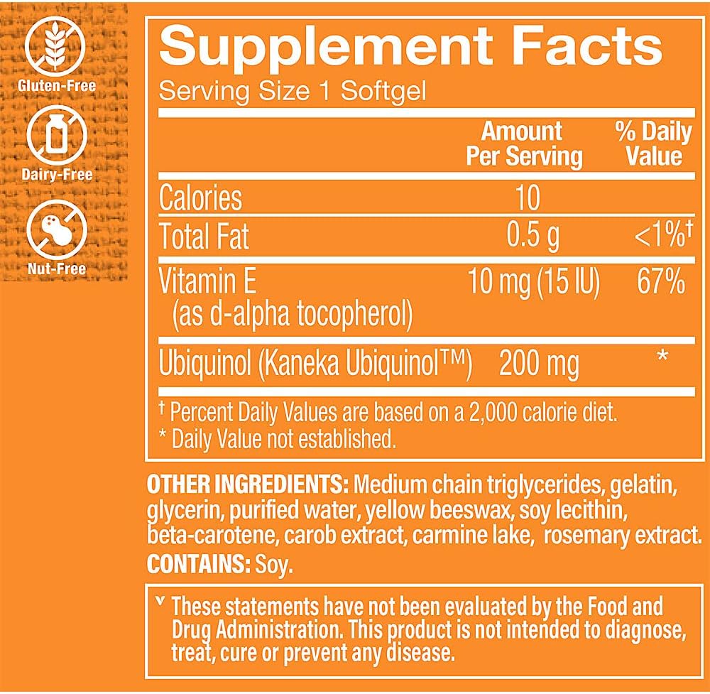 The Vitamin Shoppe Ubiquinol CoQ-10 200mg - Beneficial for Those Taking Statins – Supports Heart & Cellular Health and Healthy Energy Production, Essential Antioxidant – Once Daily (60 Softgels)