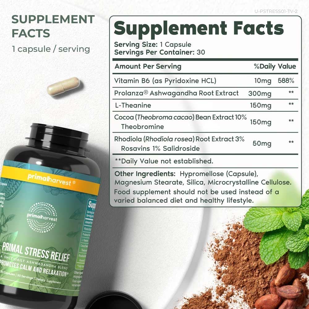 Primal Harvest Stress Relief Supplement for Women and Men Pure Ashwagandha Root Extract, L-Theanine Supplements, 30 Capsules primalharvest