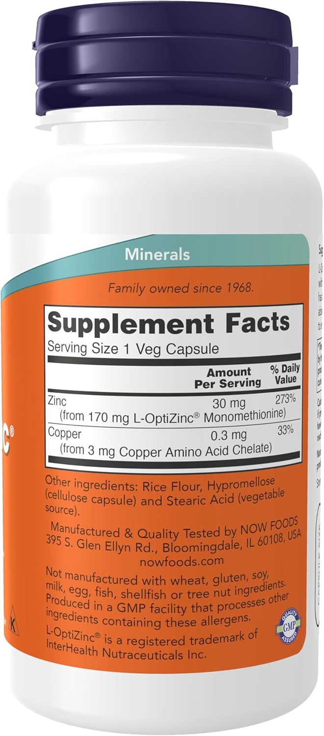 NOW Supplements, L-OptiZinc® 30 mg with Copper, Highly Bioavailable Form, Immune Support*, 100 Veg Capsules