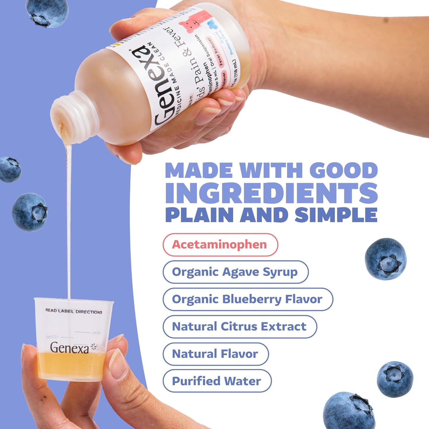 Genexa Children's Acetaminophen Pain and Fever Reducer | 160 mg per 5mL | Made with Delicious Organic Blueberry Flavor | 4 Fluid Ounces