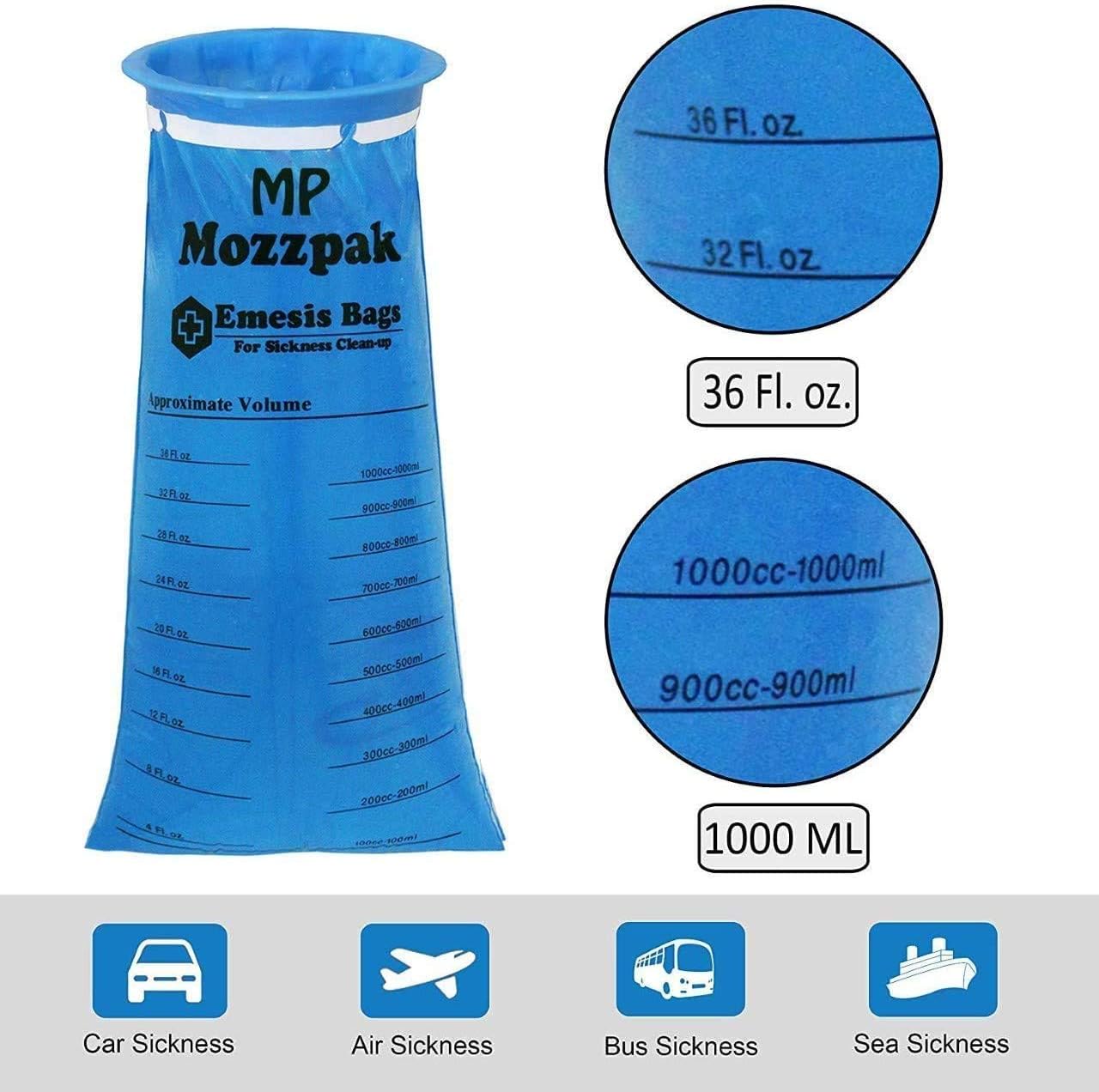 MP MOZZPAK Vomit Bags – 15 Pack – 1000ml Emesis Bags – Leak Resistant, Medical Grade, Portable, Disposable Barf, Puke, Throw Up, Nausea Bags for Travel Motion Sickness, Car & Aircraft, Kids, Taxi