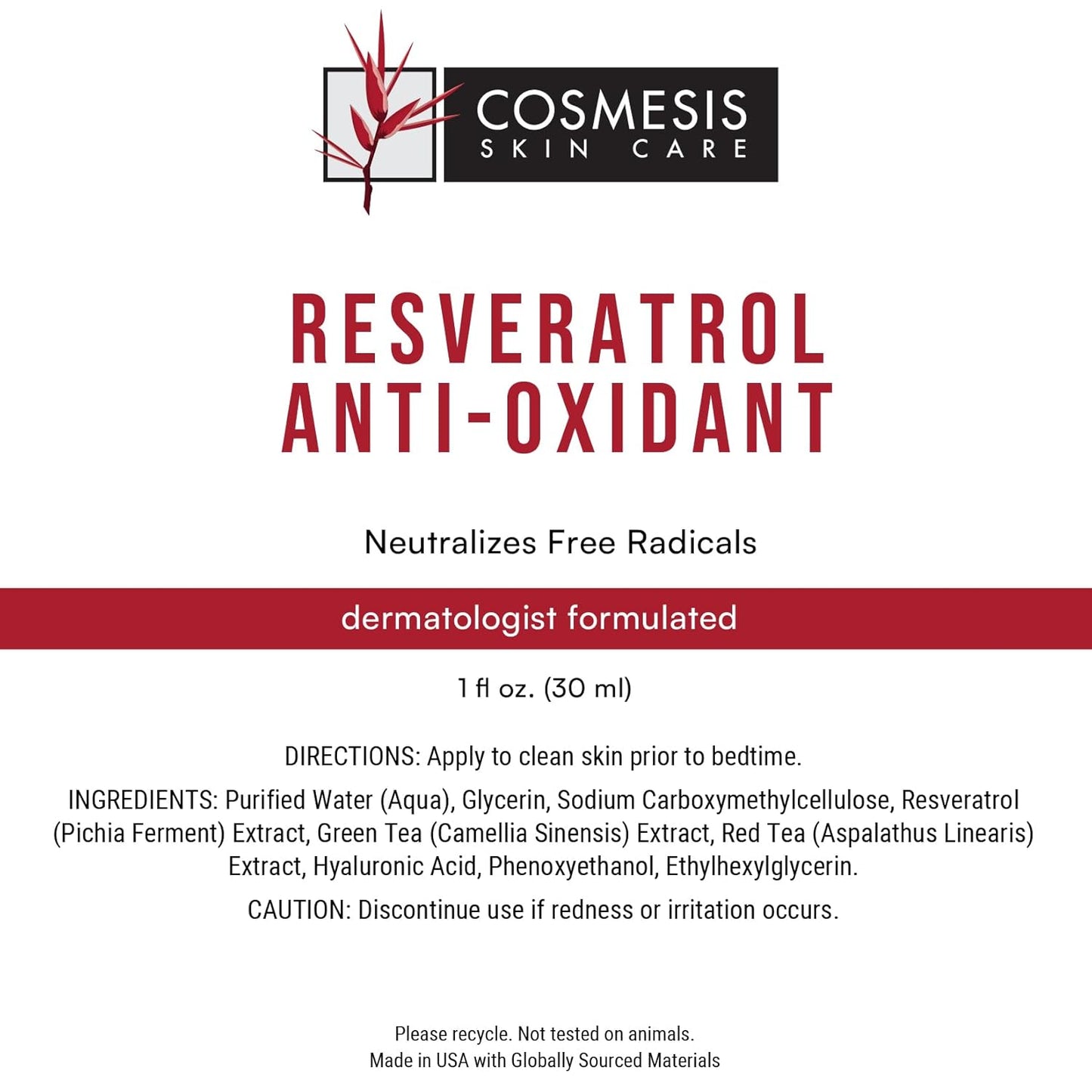Cosmesis Resveratrol Anti-Oxidant Serum - Combat Aging with Antioxidants from Tea Polyphenols & Resveratrol - 1 Fl oz