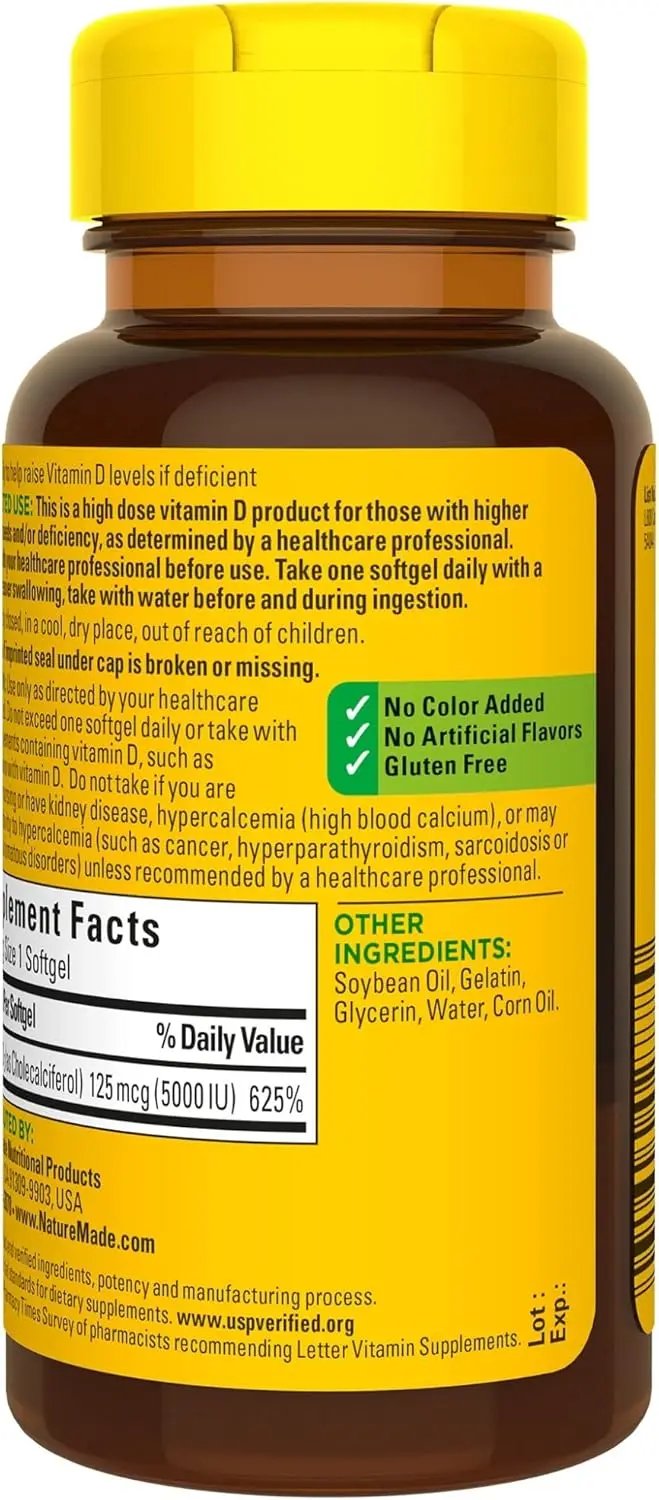 Nature Made Extra Strength Vitamin D3 5000 IU (125 mcg), 180 Softgels, 180 Day Supply Nature Made