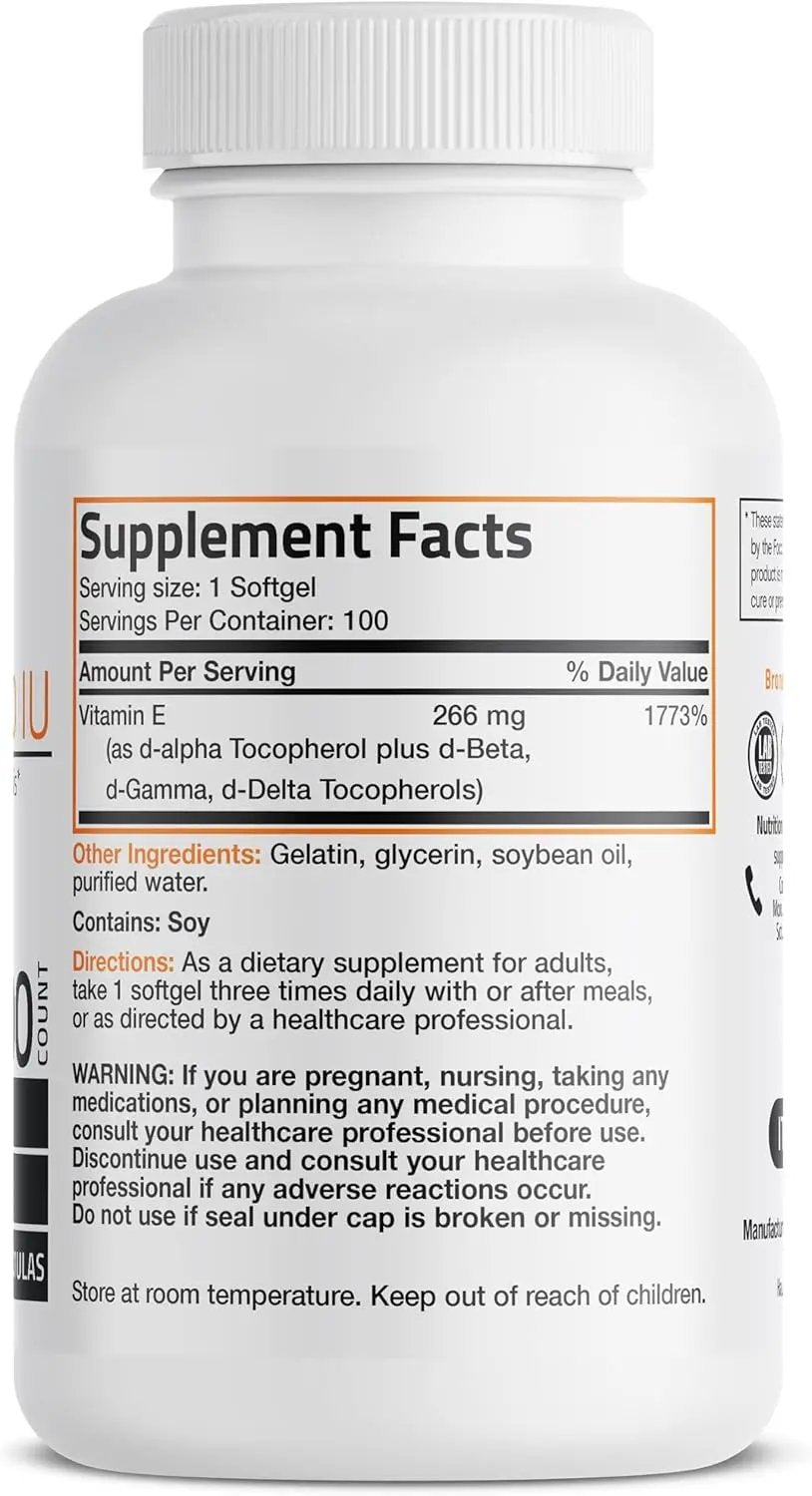 Bronson Natural Vitamin E Complex Supplement 400 I.U. (80% D-Alpha Tocopherol), Natural Antioxidant, 100 Softgels Bronson