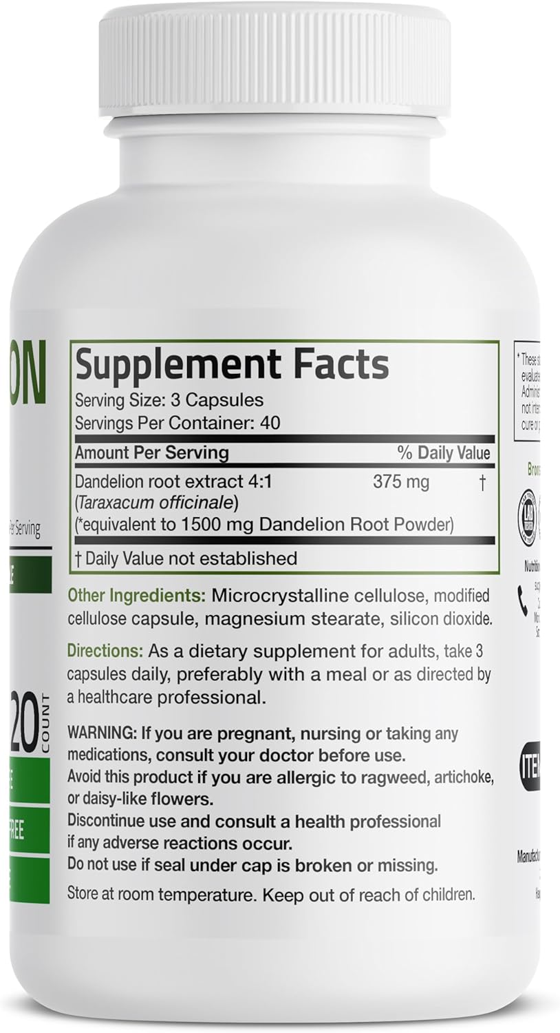 Bronson Dandelion Root 1500 MG per Serving High Potency, Supports Overall Good Health & Well-Being, Traditional Diuretic Herb - Non-GMO, 120 Vegetarian Capsules