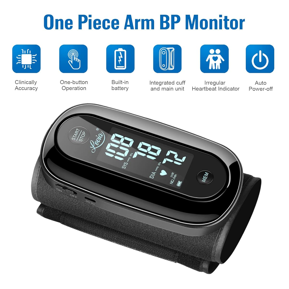 Lovia Blood Pressure Monitor Upper Arm with One Piece Design, Digital BP Machine for Home Use with Cuff Size 9-14 Inch, Portable Meter, Built-in Battery
