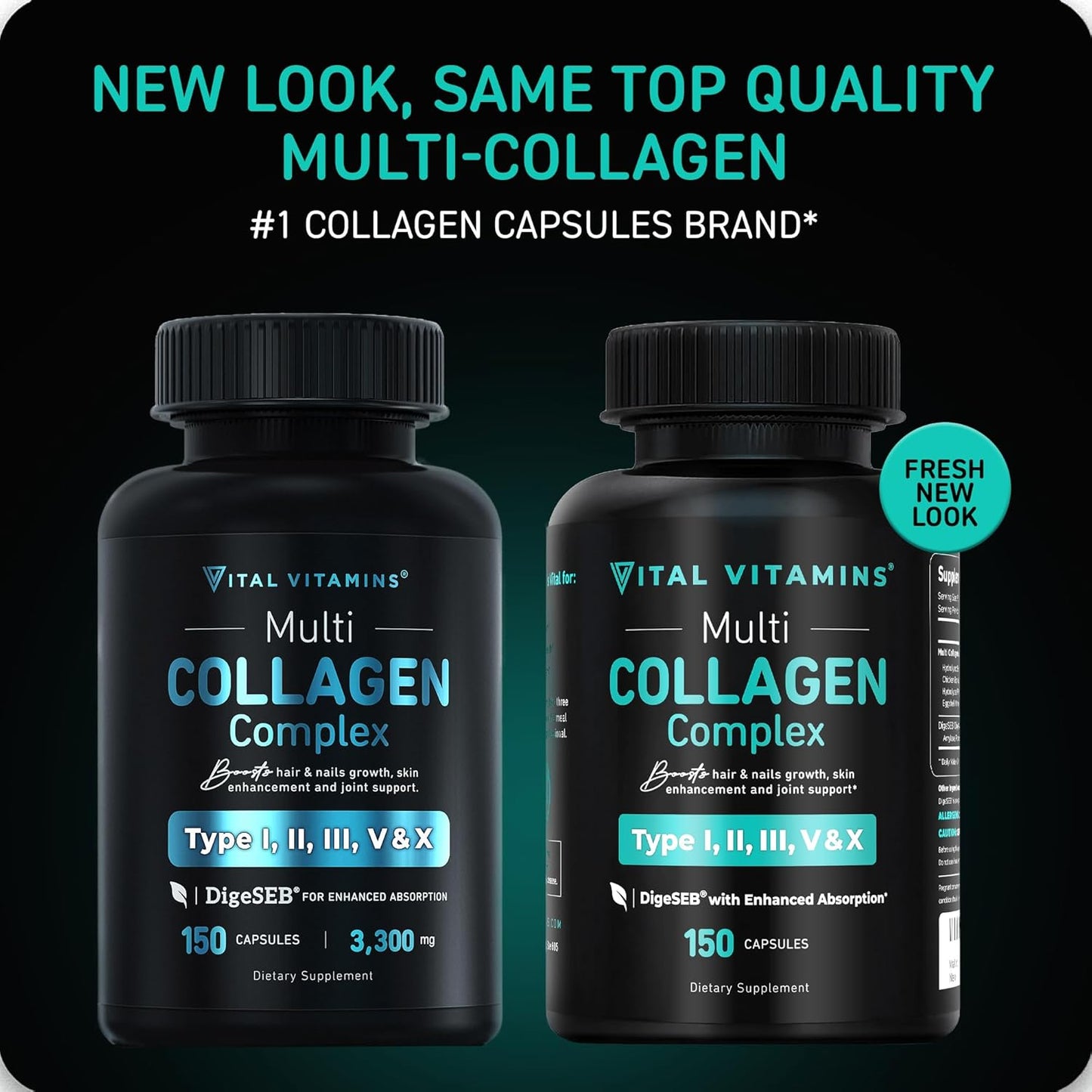 Vital Vitamins Multi Collagen Complex - Type I, II, III, V, X, Grass Fed, Non-GMO, 150 Capsules