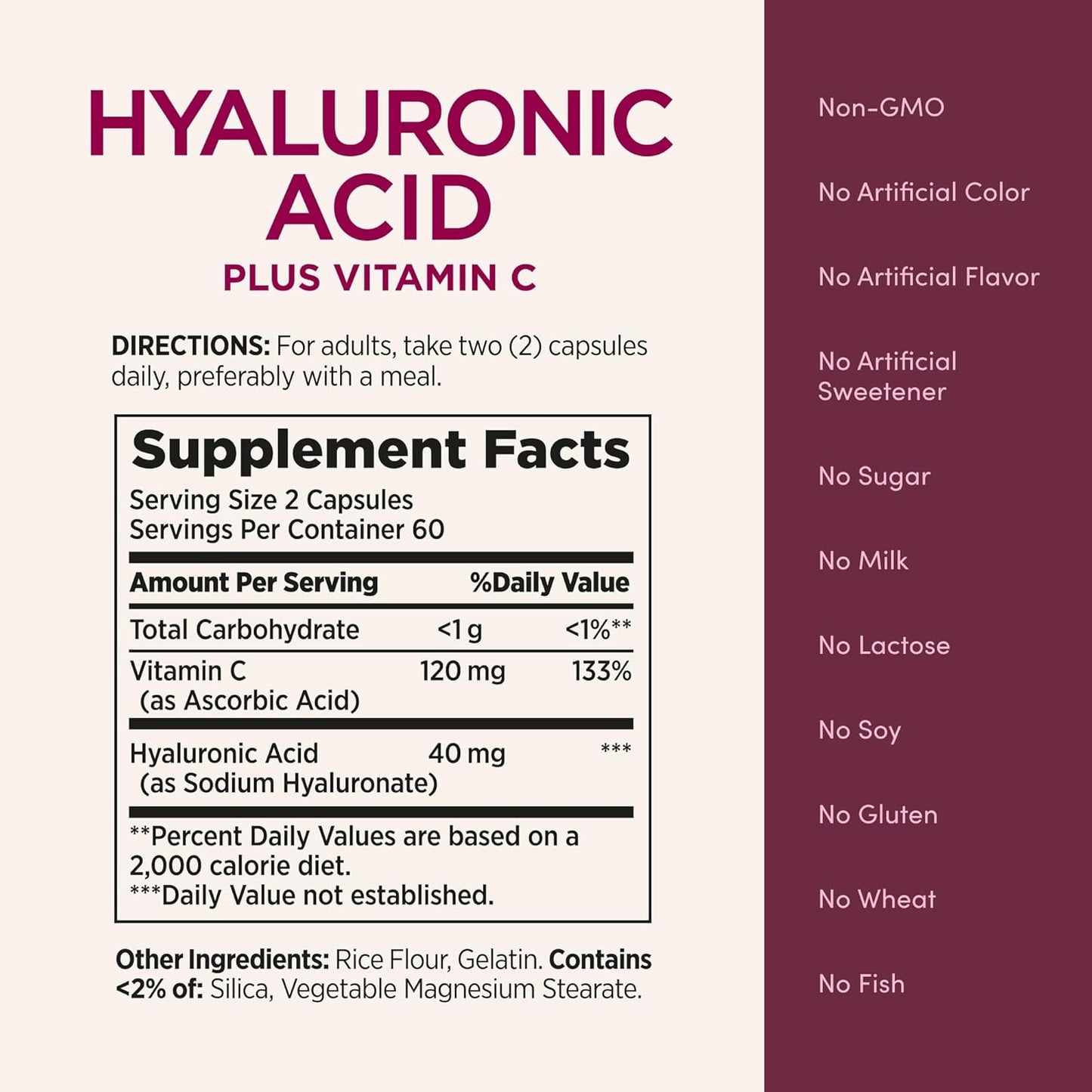 Nature's Bounty Vitamin C and Hyaluronic Acid Supplement, 120 Capsules