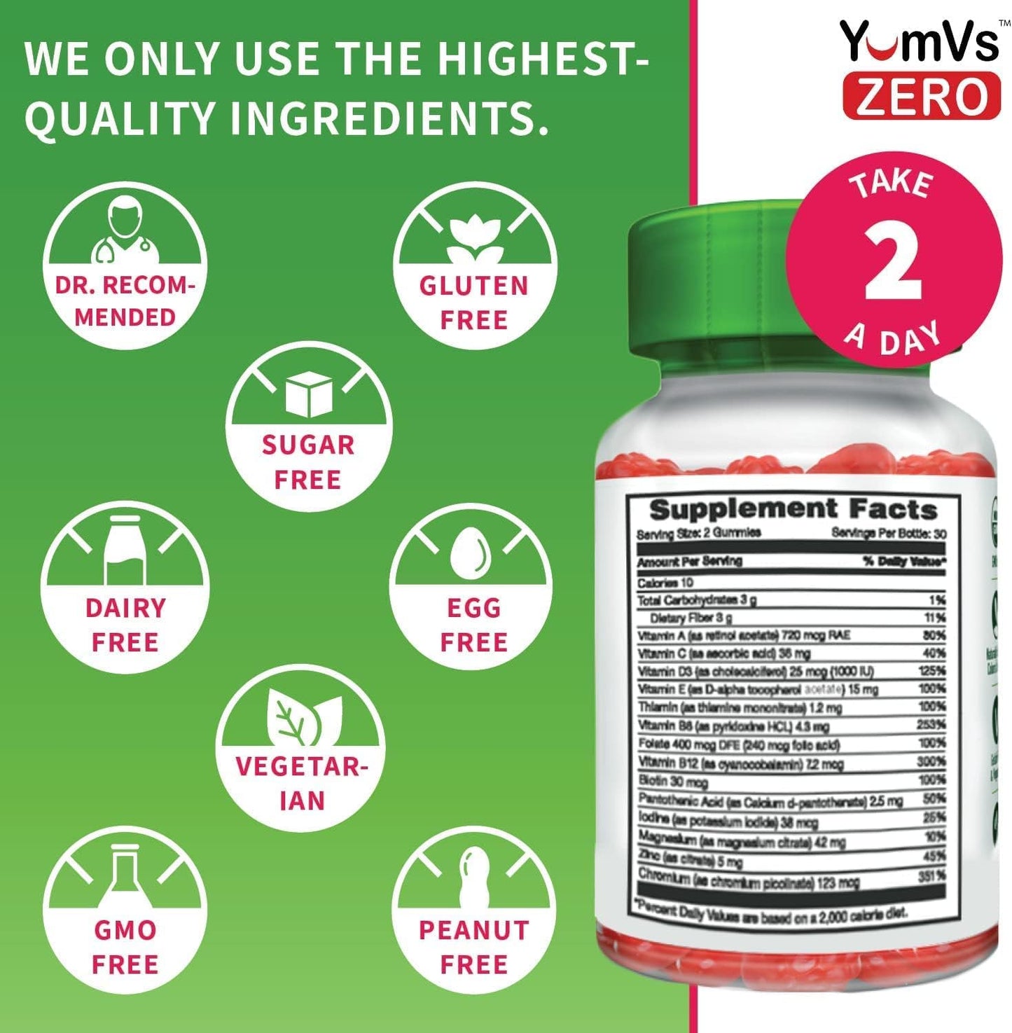 YumVs Diabetic Multivitamin Gummies | Sugar Free Diabetes Supplement Vitamins for Women & Men | Chromium, Thiamine and Magnesium | Natural Raspberry Flavor Chewables - 60 Count