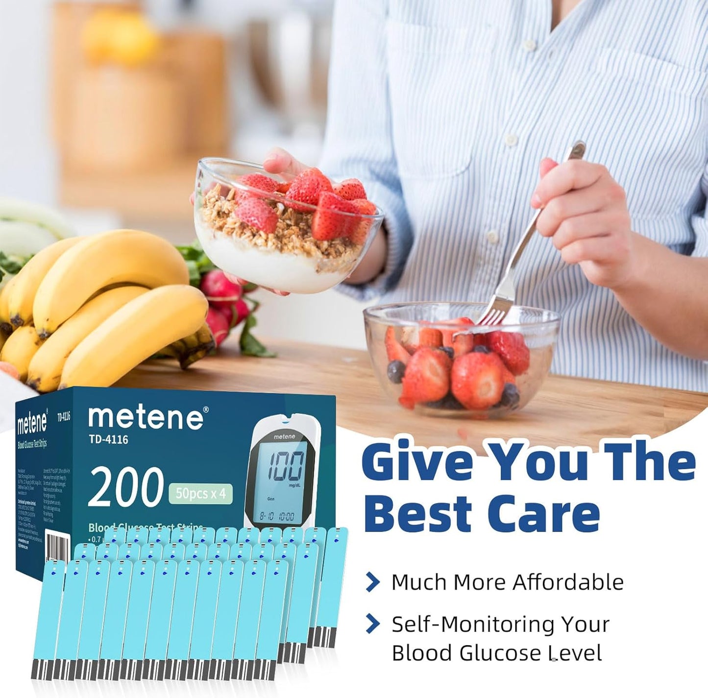Metene TD-4116 Blood Glucose Test Strips, 200 Count Test Strips for Diabetes, Use with metene TD-4116 Blood Glucose Monitor Only
