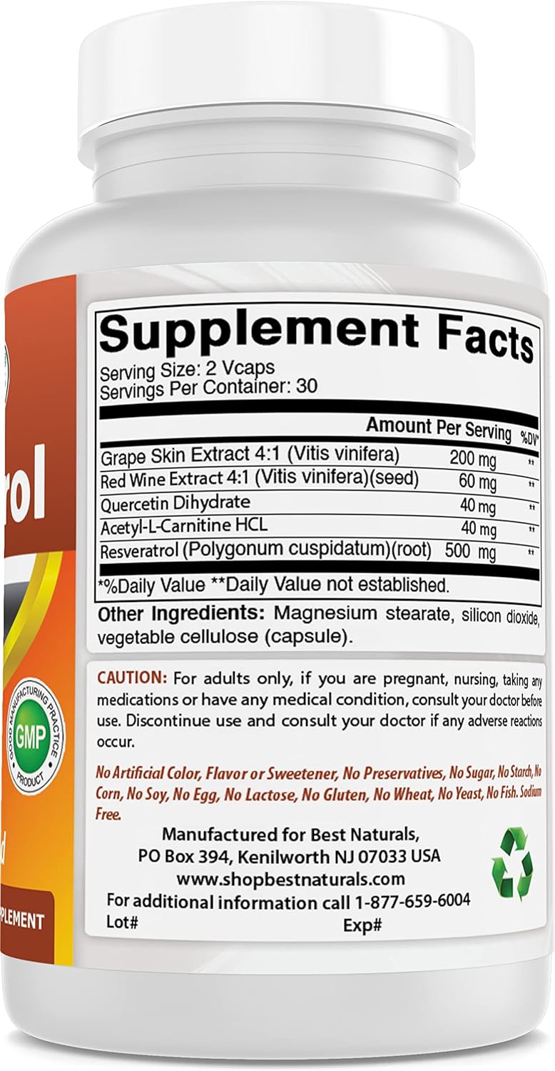 Best Naturals Resveratrol 500 mg 60 Vegetarian Capsules