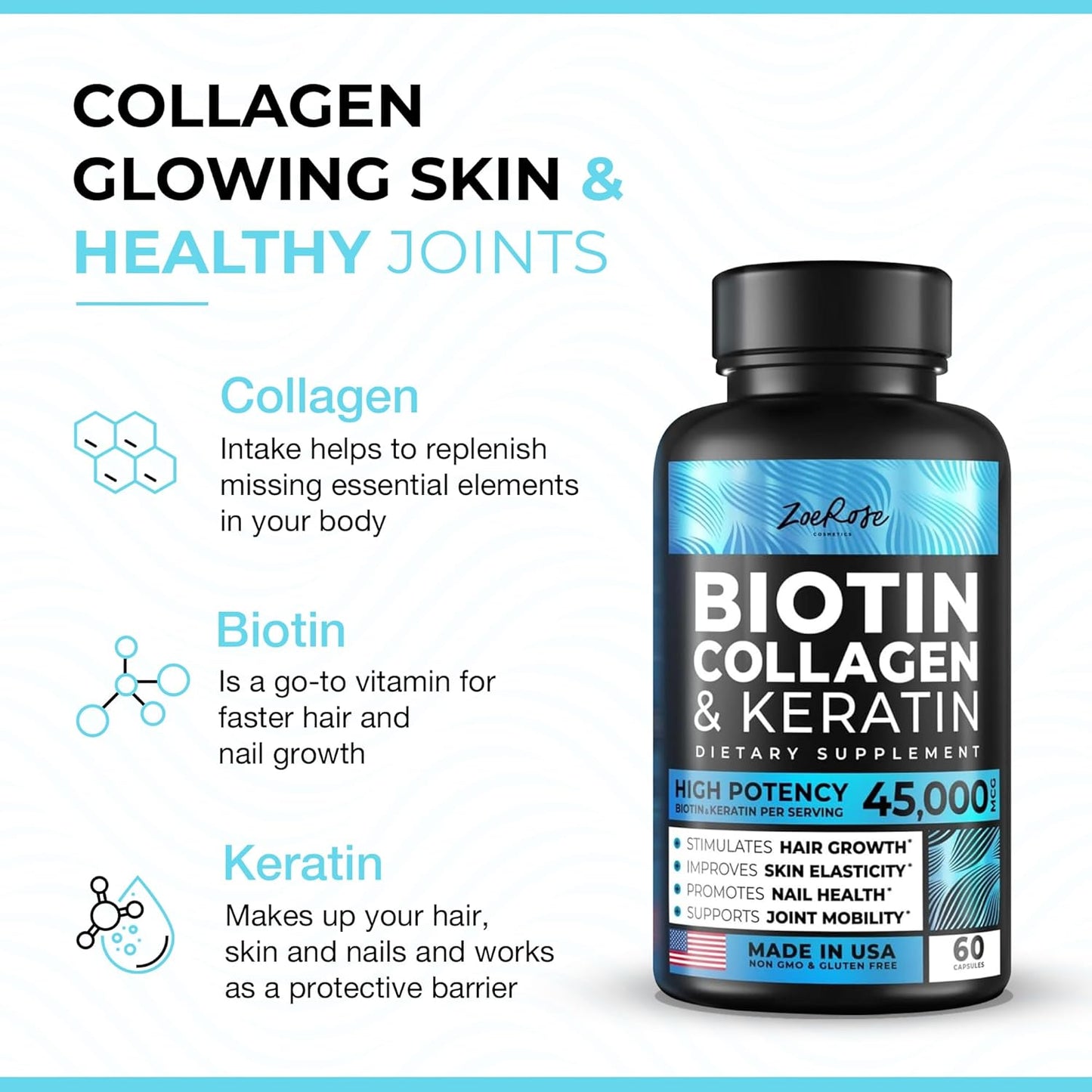 ZoeRose Biotin, Collagen & Keratin - Skin, Hair and Nails for Women - 60 counts