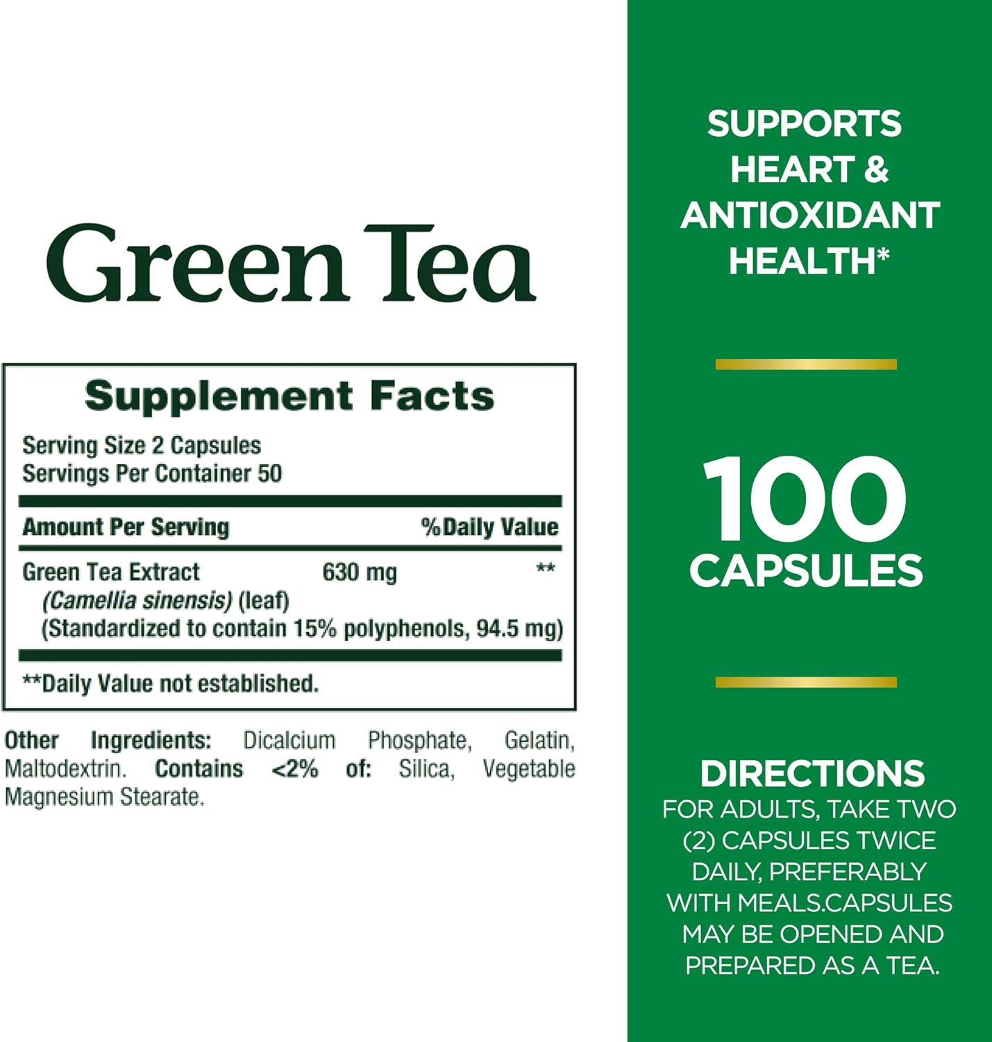 Nature's Bounty Green Tea Pills, 315mg, 100 Capsules