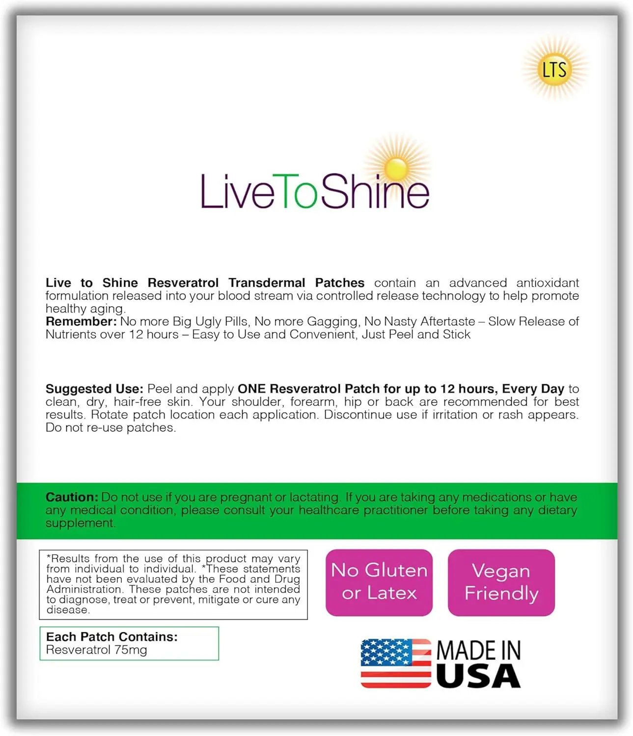 Live To Shine Resveratrol Patches - 30 Transdermal Patches - USA Made - One Month Supply Live To Shine