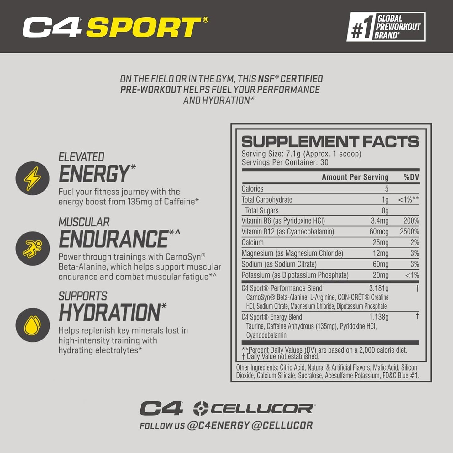 C4 Sport Pre Workout Powder Blue Raspberry - Pre Workout Energy with 3g Creatine Monohydrate + 135mg Caffeine and Beta-Alanine Performance Blend - NSF Certified for Sport | 30 Servings