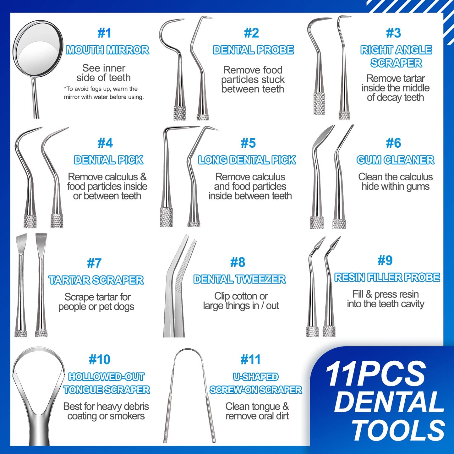 Sopito 11PCS Teeth Cleaning Tools Stainless Steel Dental Scraper, Home Use Basic Dental Tool Set