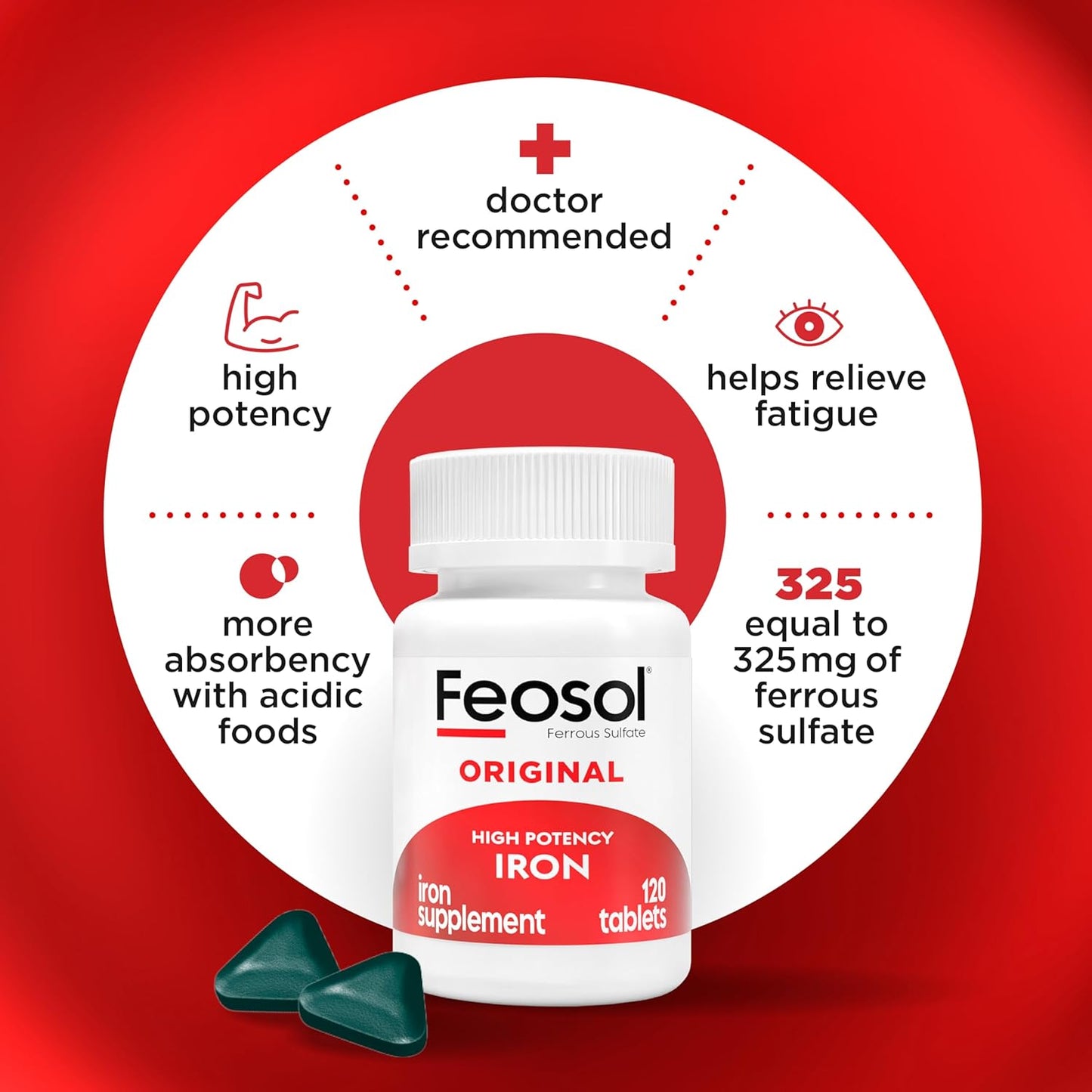 Feosol Original Iron Supplement Tablets, 325mg Ferrous Sulfate -120 ct