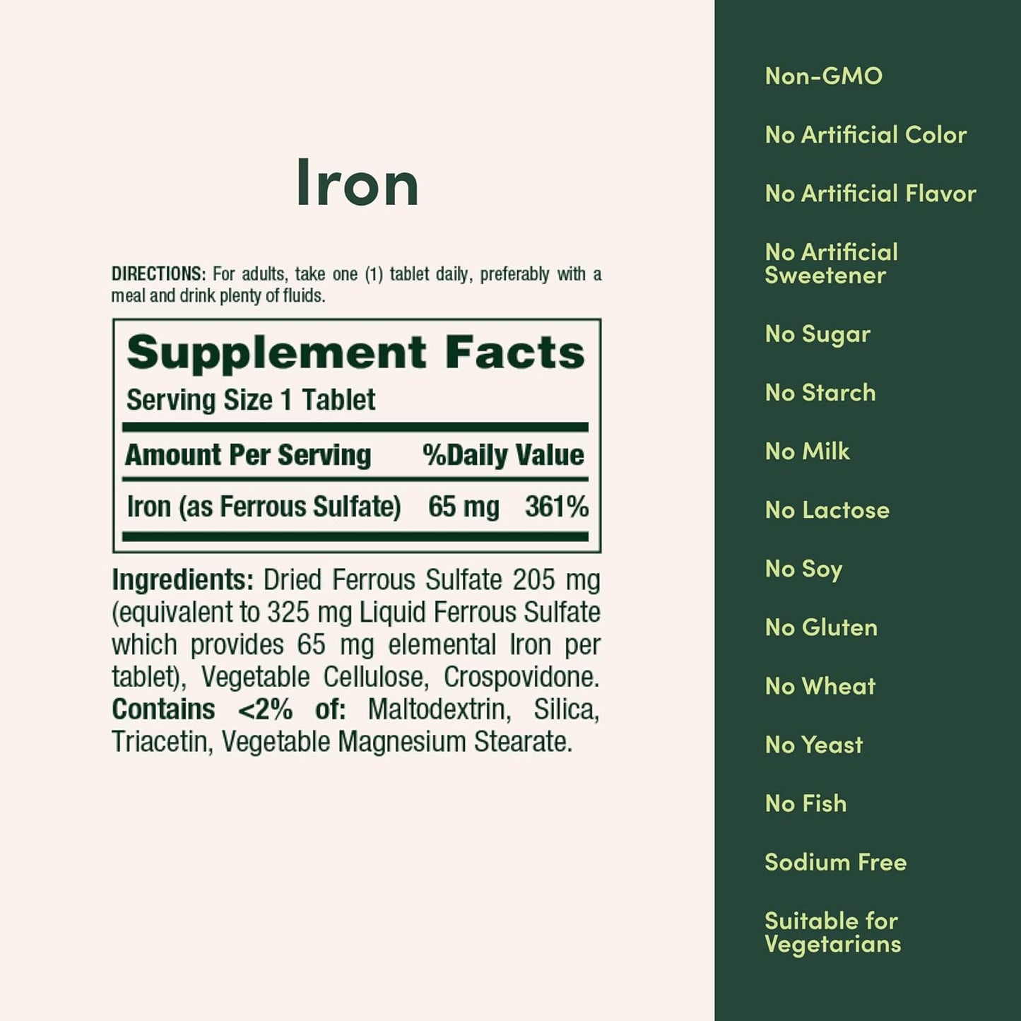 Nature's Bounty Iron 65mg, 325 mg Ferrous Sulfate, 100 Tablets