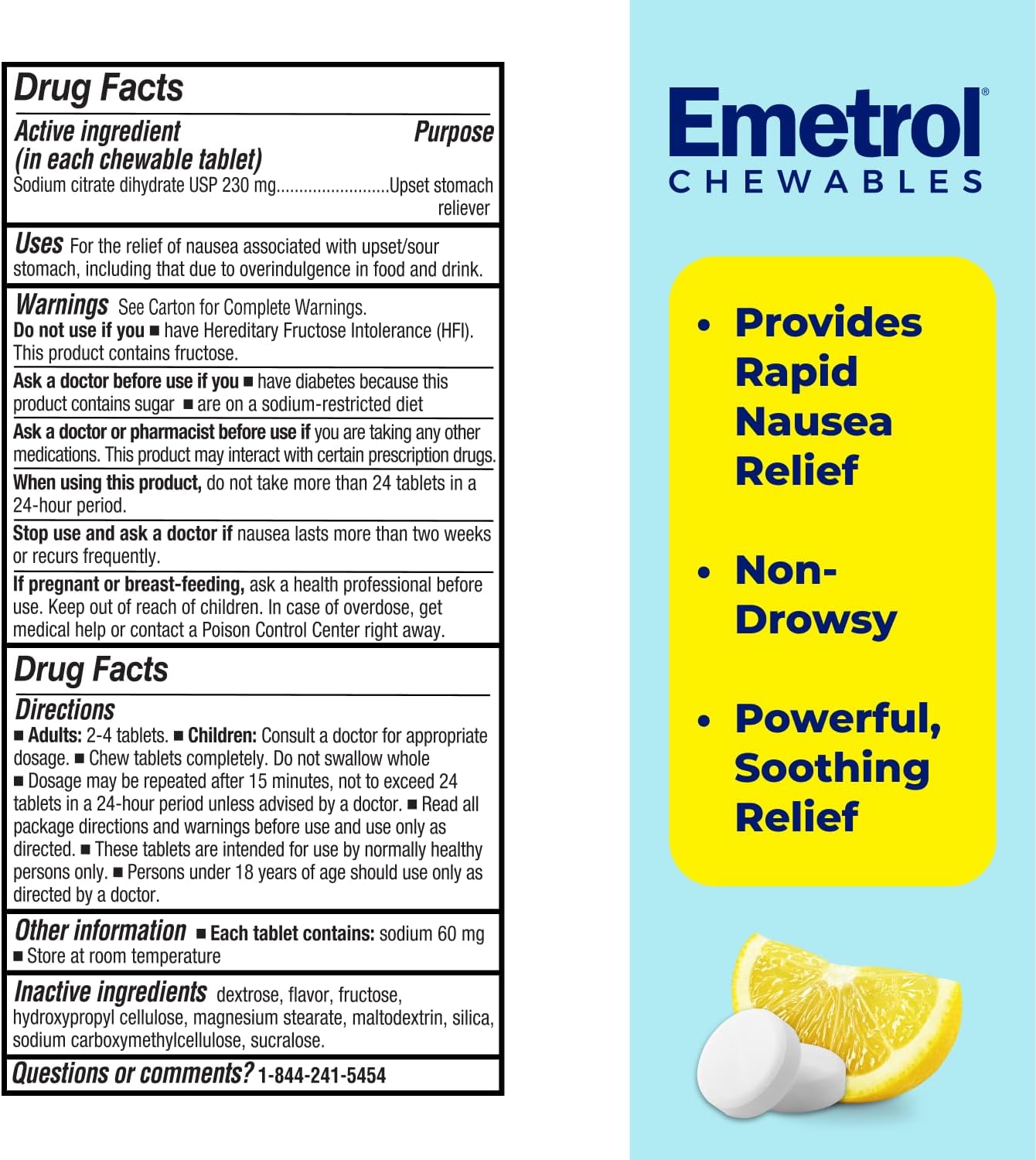 Emetrol Chewables for Rapid Nausea Relief, Pharmacist-Recommended and Non-Drowsy, Lemon Flavor, 42 Tablets