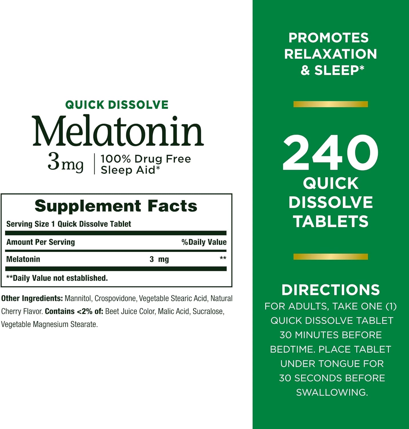Nature's Bounty Melatonin 3mg, 100% Drug Free Sleep Aids for Adults, Supports Relaxation and Sleep, Dietary Supplement, 240 Count